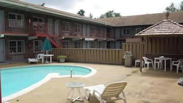 Seasonal outdoor pool, pool umbrellas, pool loungers