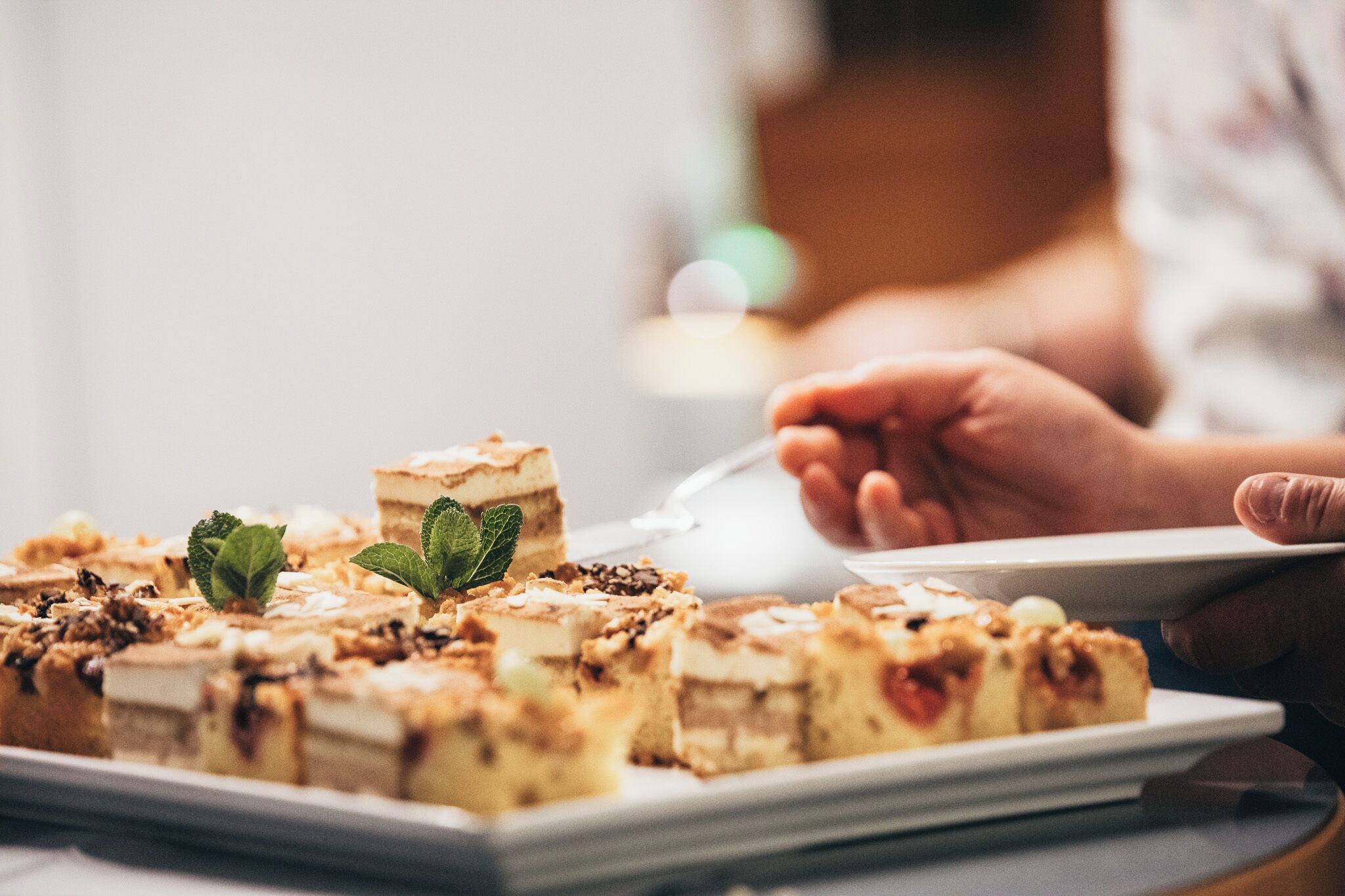 A dessert tray with various cake pieces and mint leaves on a white plate.