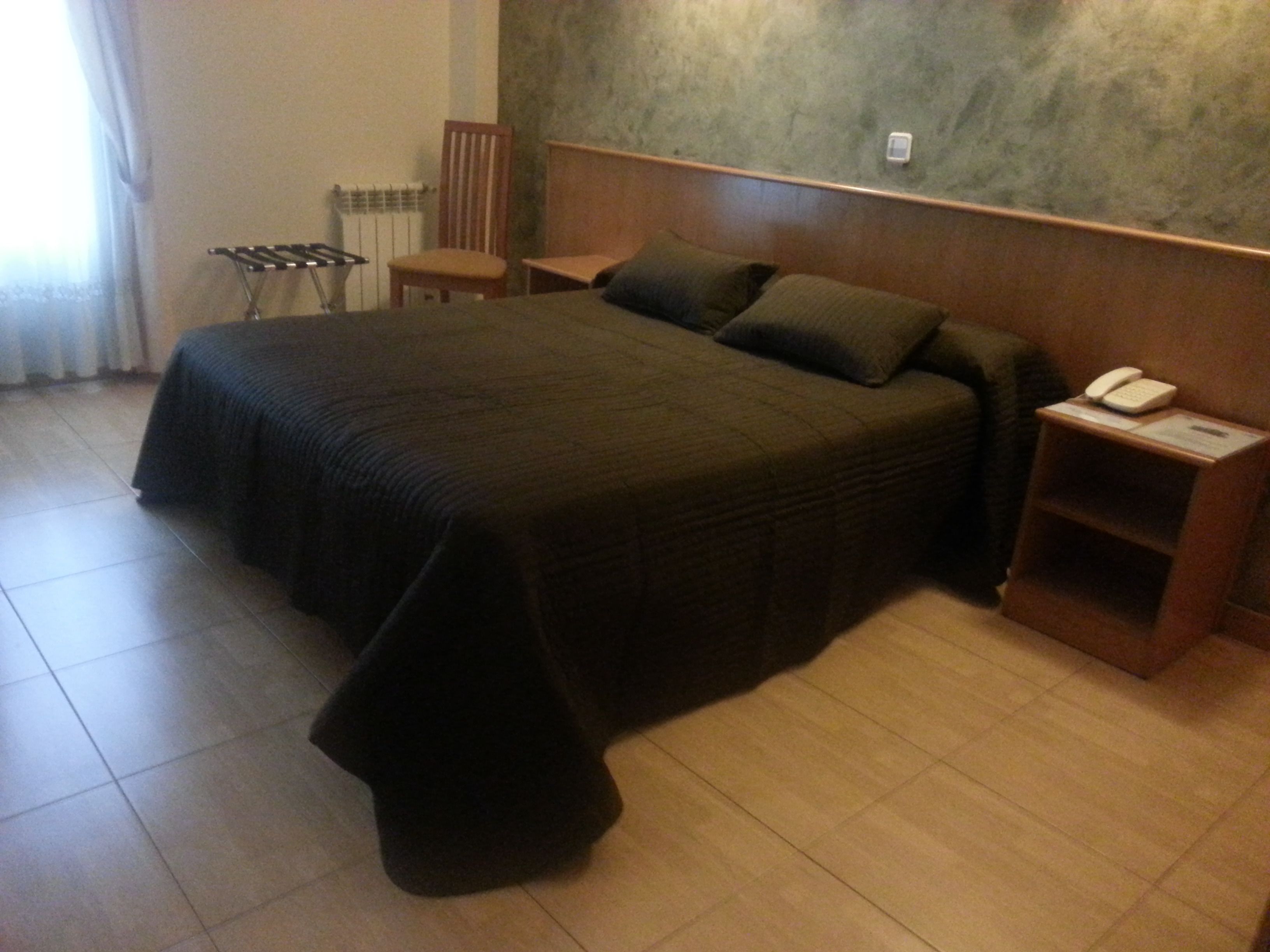 A hotel room with a large bed, a wooden nightstand with a telephone, a chair, and a radiator.