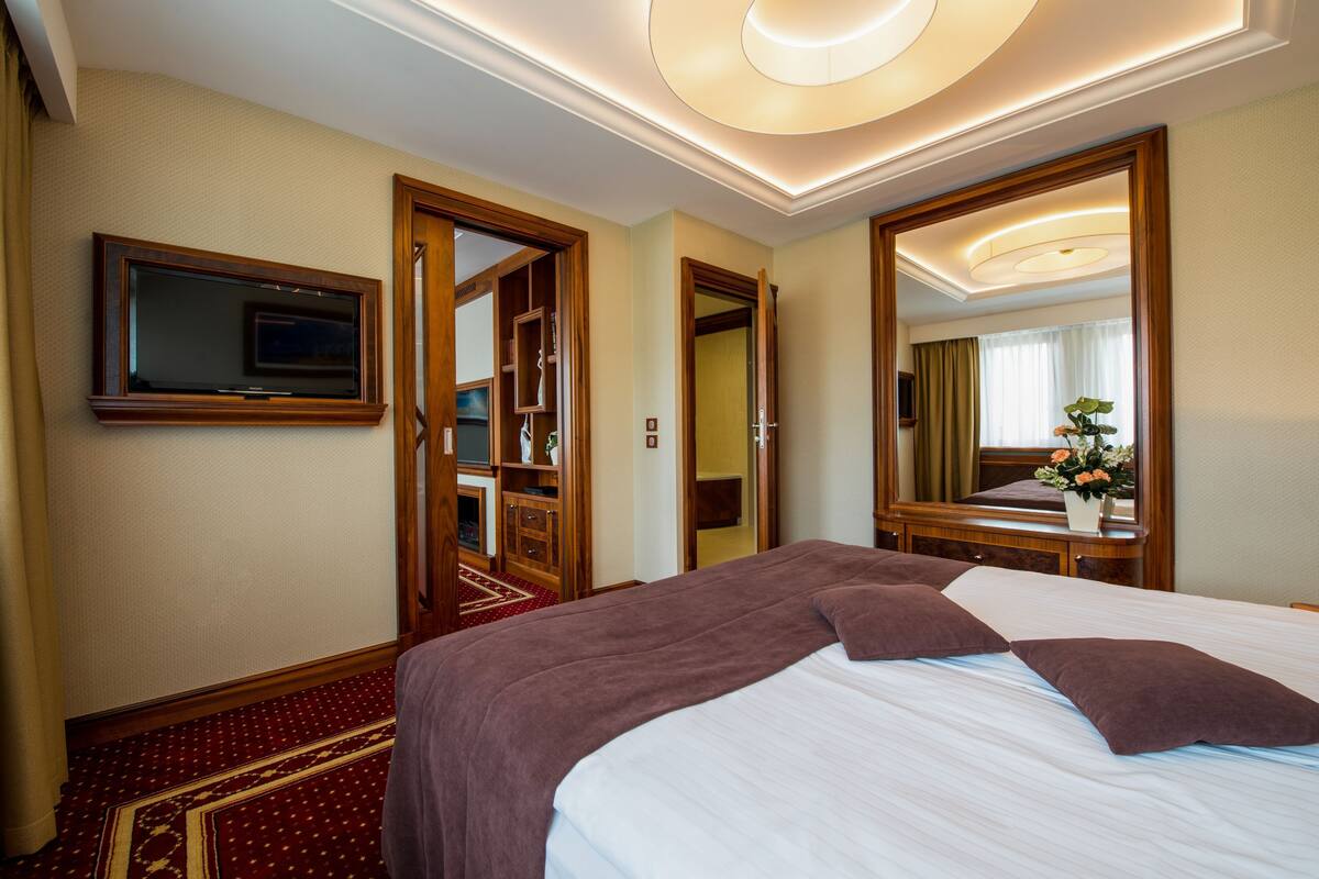 A hotel room with a large bed, a television, a mirror, and a carpeted floor.