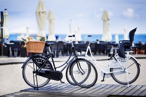 Una bicicleta con una cesta y un asiento, estacionada en un muelle de madera.