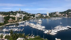 Un puerto deportivo con numerosas embarcaciones amarradas, rodeado de edificios y vegetación.