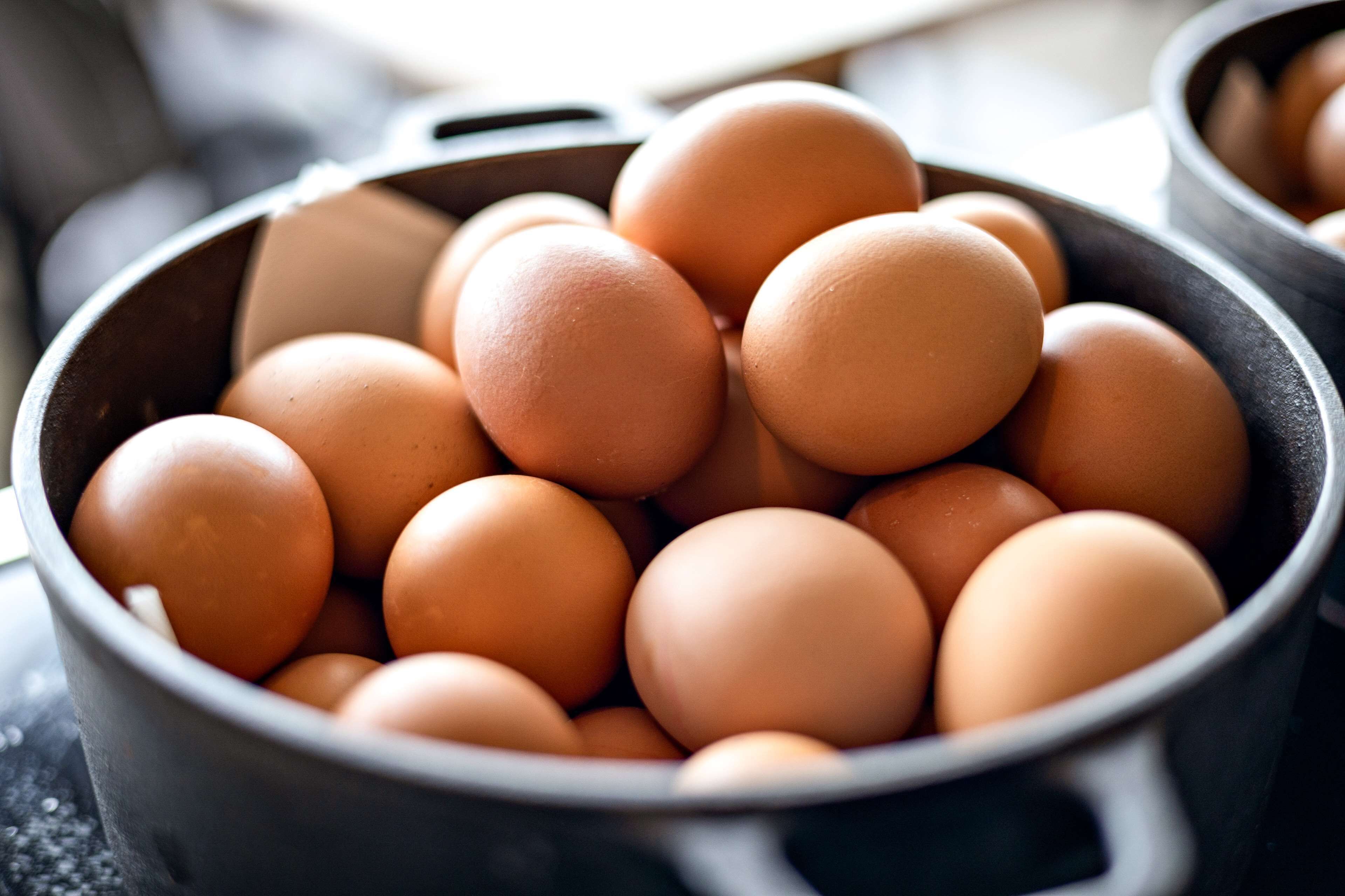 A pot filled with eggs.