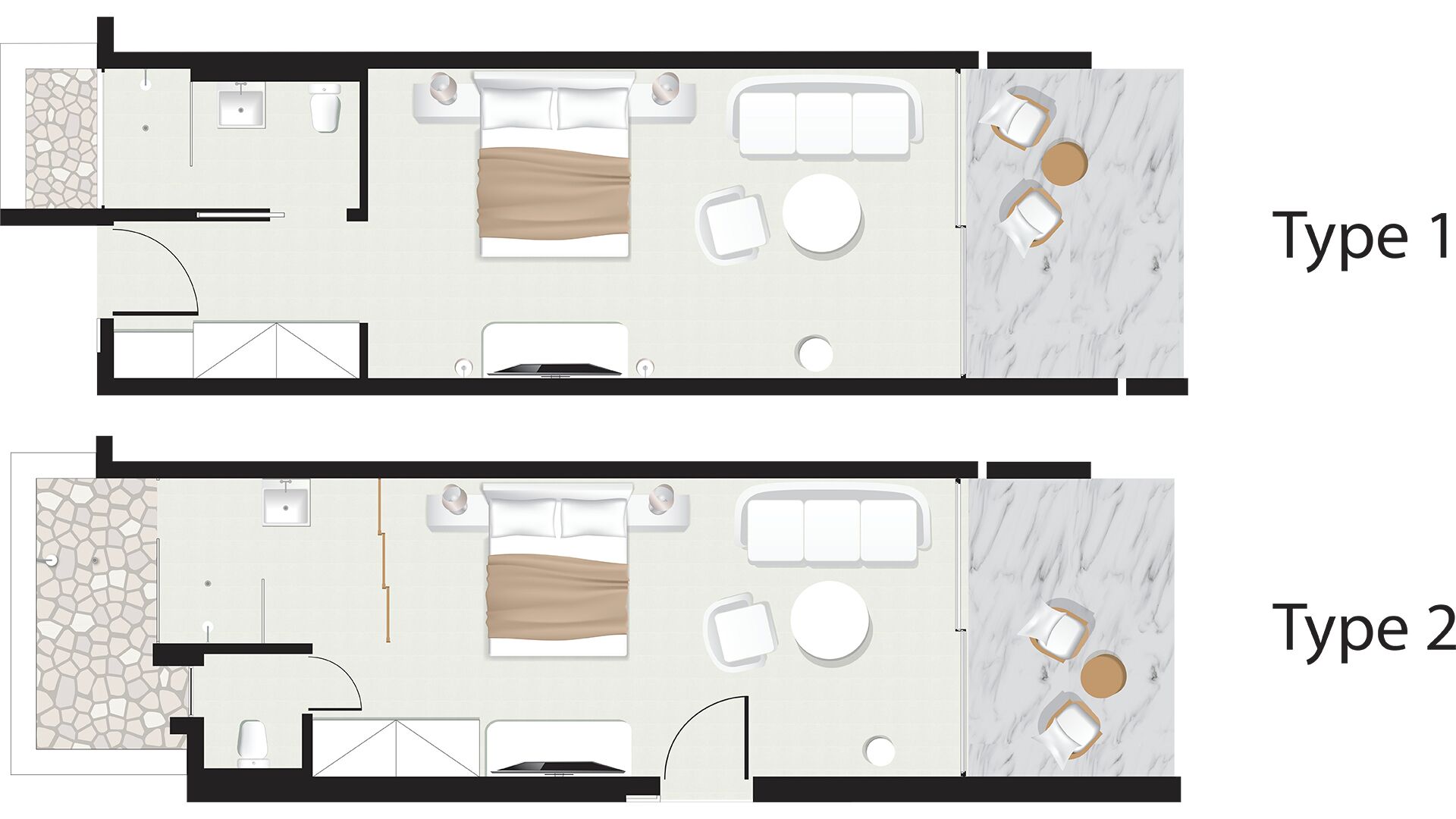 Twee plattegronden van een hotelkamerindeling, Type 1 en Type 2, met een badkamer, bed, zithoek en een klein tafeltje.