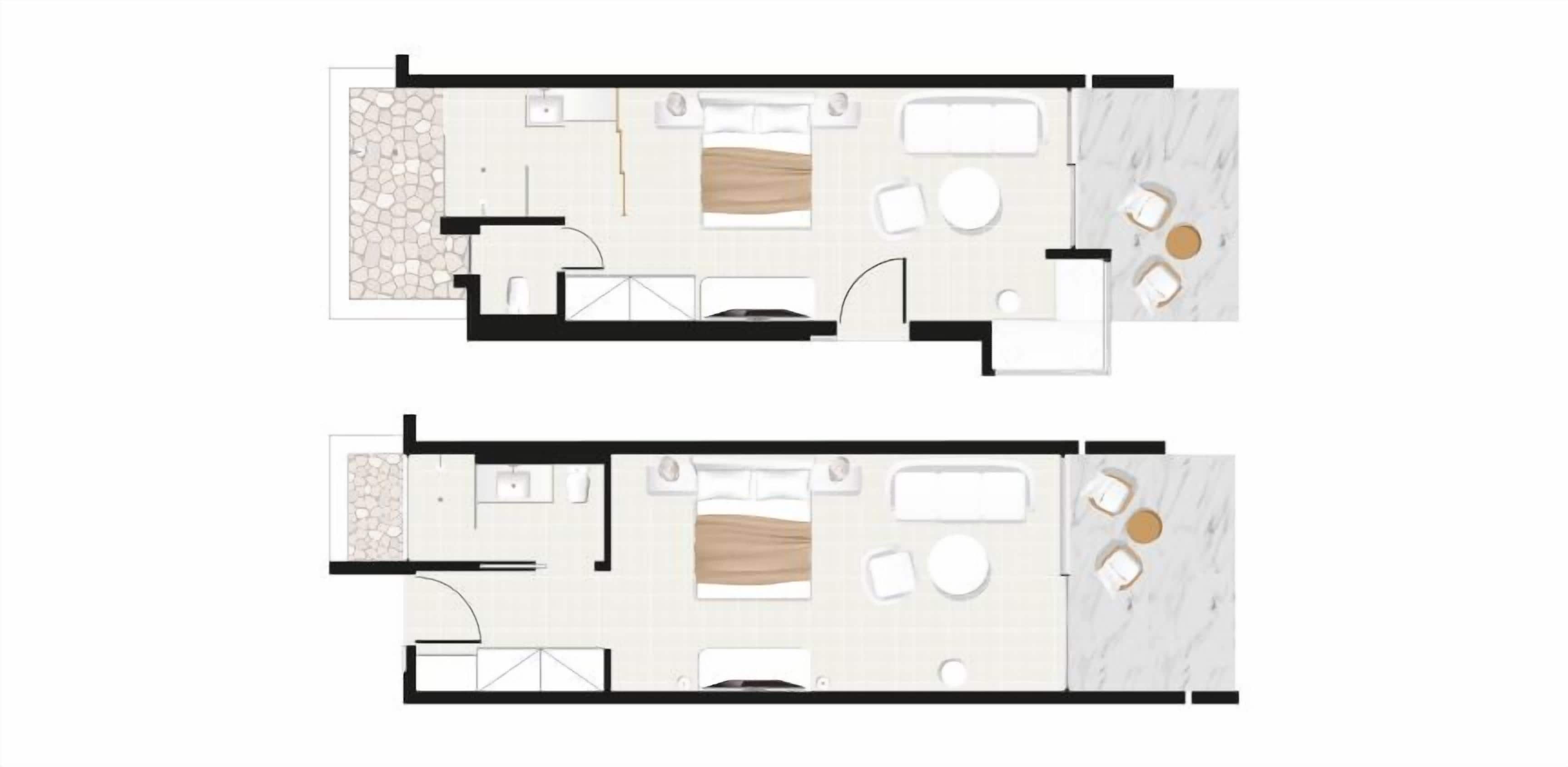 Distribución de una habitación de hotel con cama, dos zonas de estar, baño y pequeña cocina.
