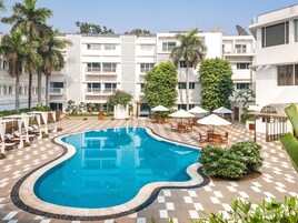 Outdoor pool, pool umbrellas, pool loungers