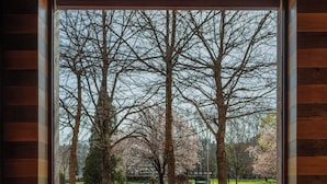A dining table set for four with chairs, a view of a park with trees and a bench, and a clear sky. - Hotel Melia Bilbao (Bilbao)
