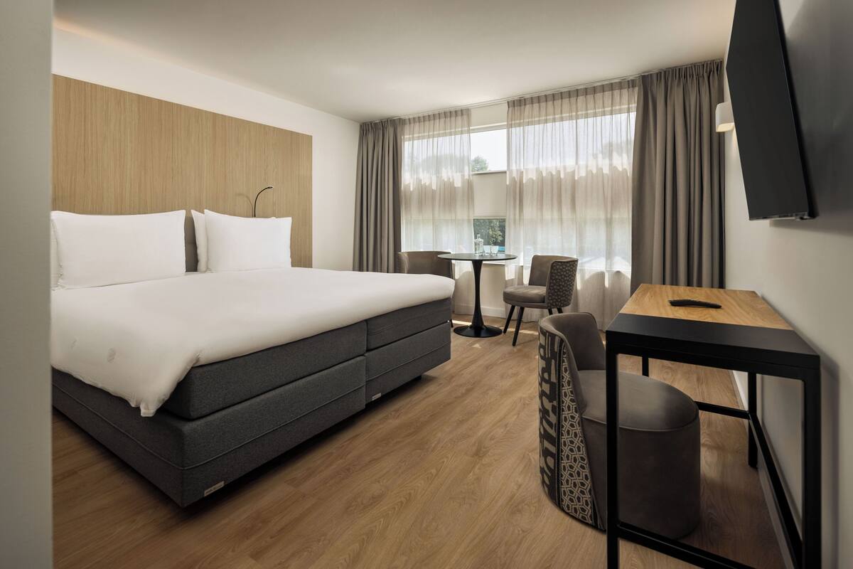Una habitación de hotel con cama, escritorio, silla, mesa y televisor.