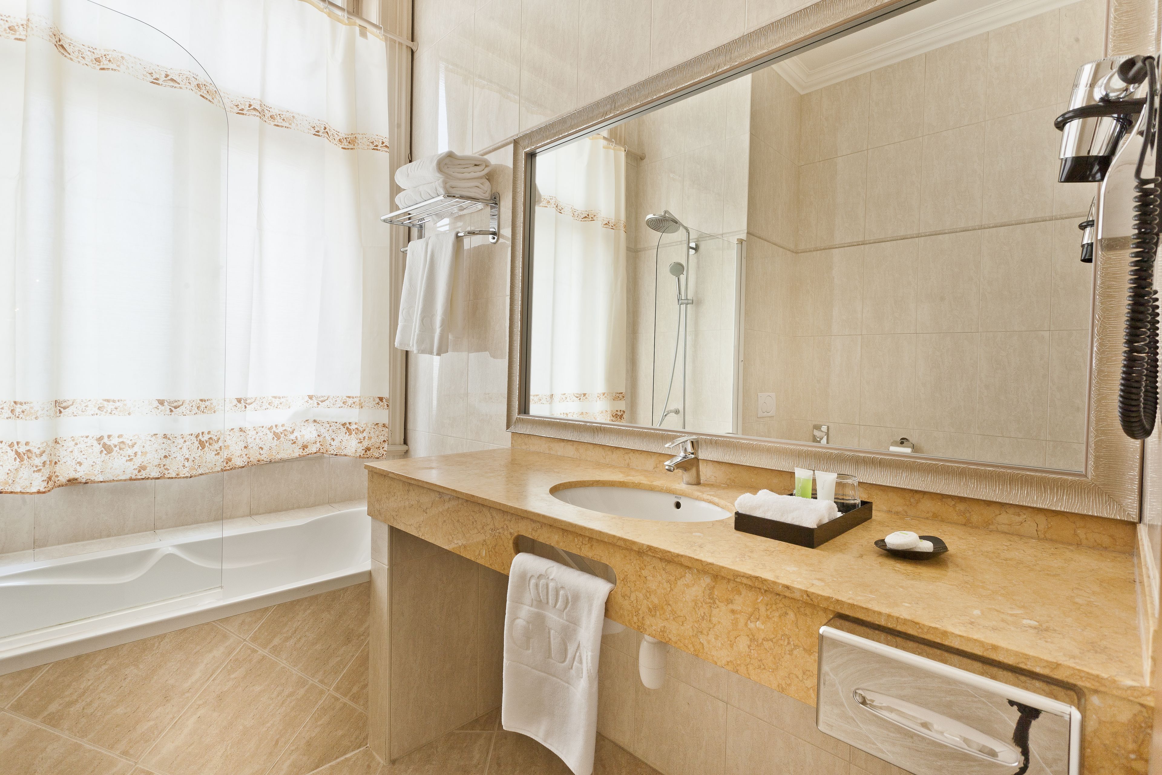 free toiletries, hair dryer, towels