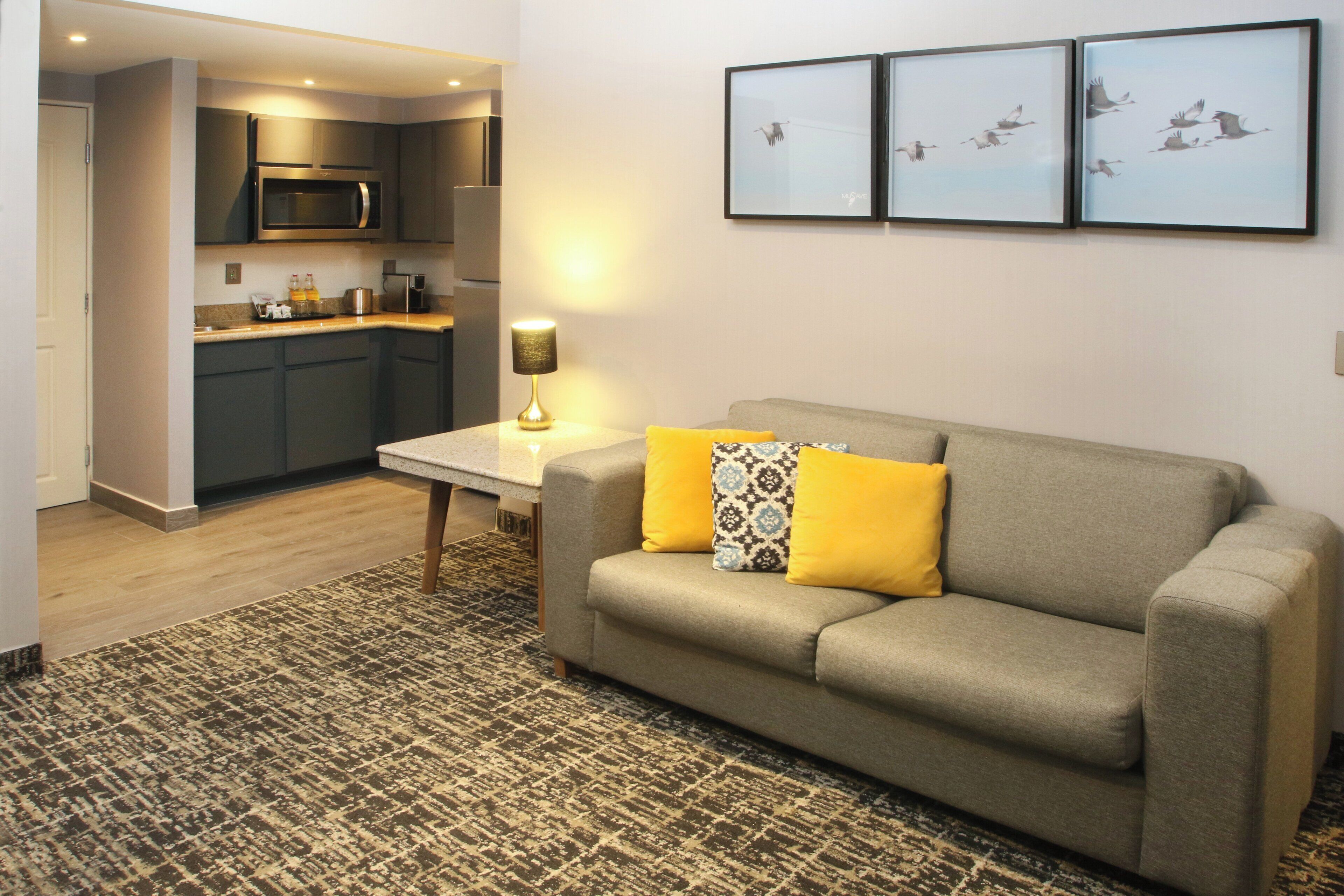 A living room with a sofa, a coffee table, and a patterned rug. There is a kitchen area with dark cabinets and a microwave. Three framed pictures are on the wall.