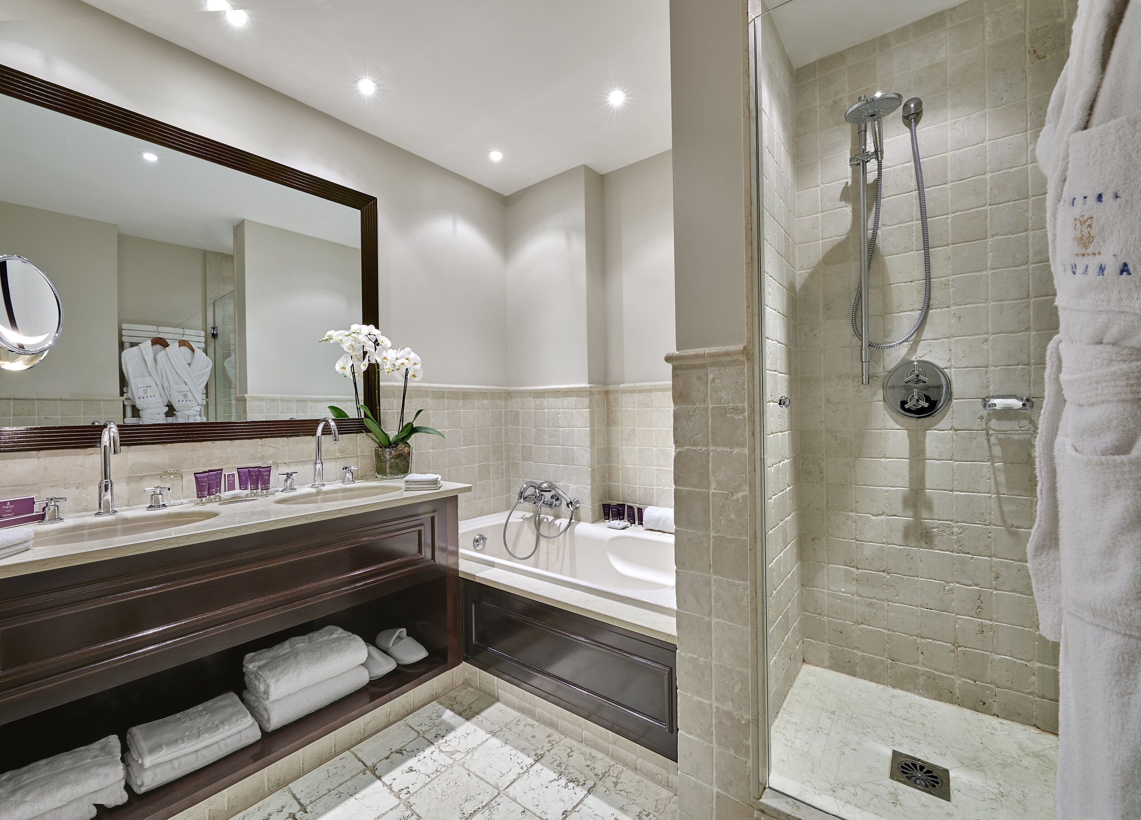 combined shower/bathtub, free toiletries, hair dryer, bathrobes