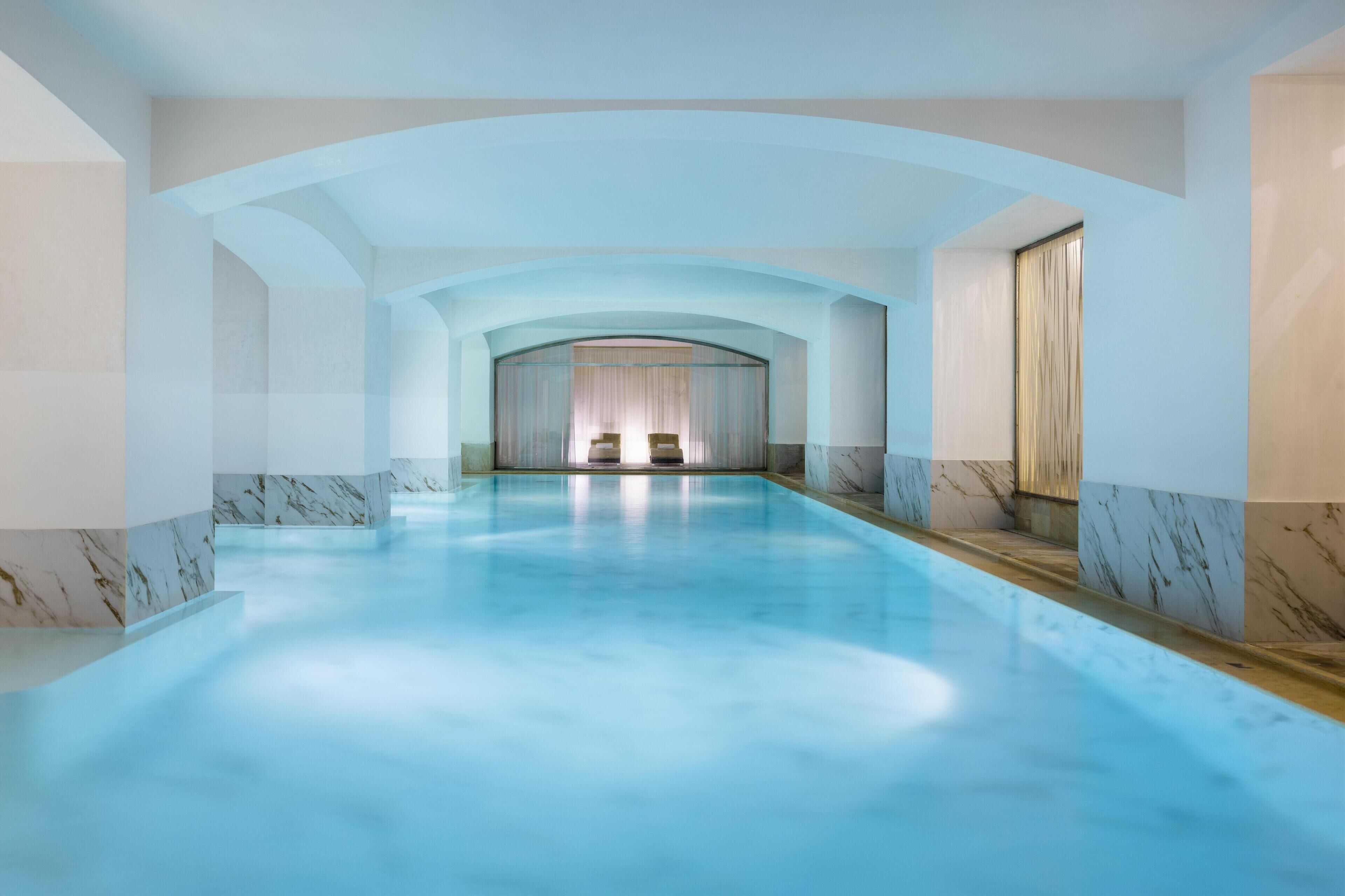 Indoor pool, open 8:00 AM to 9:00 PM, sun loungers