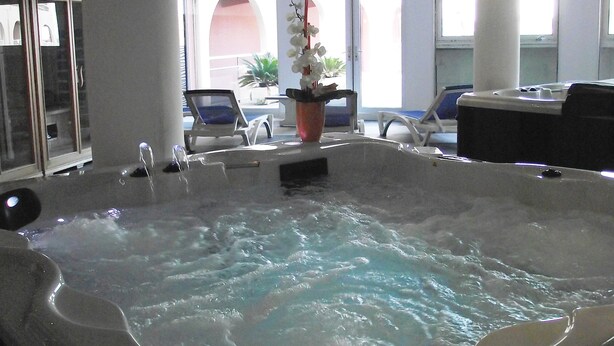 Un espace bien-être comprenant un jacuzzi, des plantes en pot et des sièges.