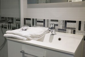 Shower, hair dryer, towels