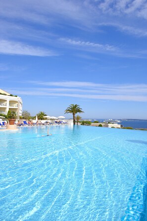 Seasonal outdoor pool, pool umbrellas, pool loungers