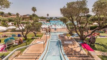 Relax by the pool surrounded by palm trees and shaded by umbrellas, with lounge chairs and towels at the ready.