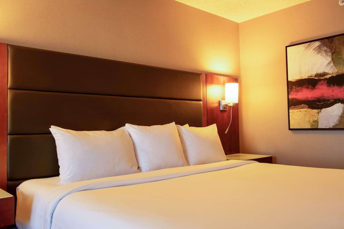 A hotel room with a large bed, a headboard, a bedside table, and a wall-mounted lamp.