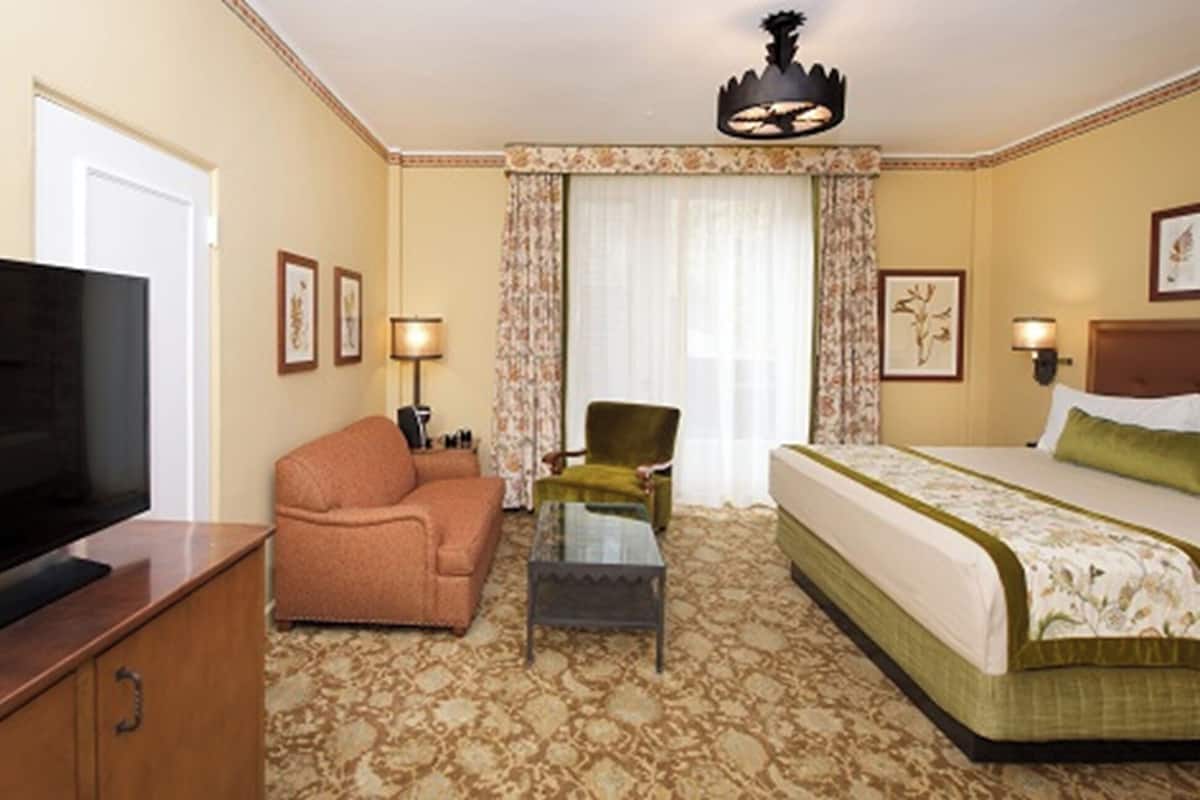 A hotel room with a bed, a sofa, a television, a desk, and a chair.