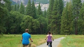 Duas pessoas andando de bicicleta em um caminho pavimentado, cercado por árvores e montanhas.