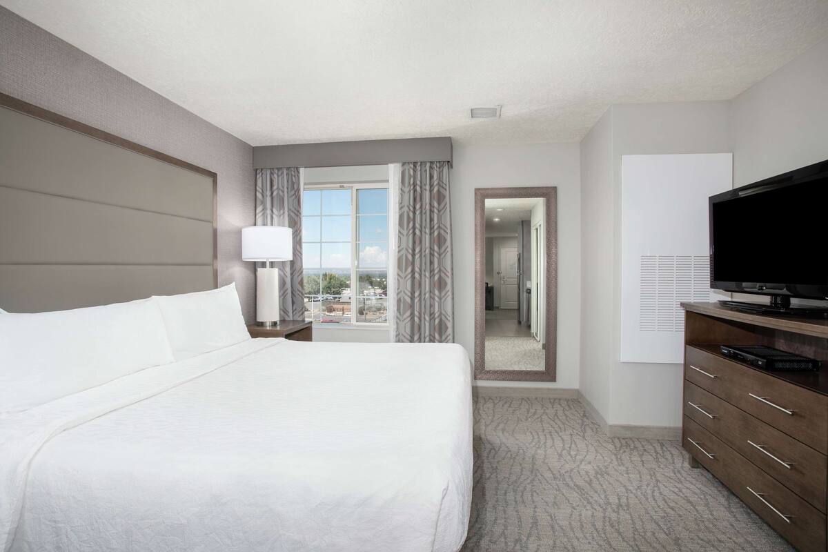 A hotel room with a large bed, a television, a dresser, and a view of the outdoors.