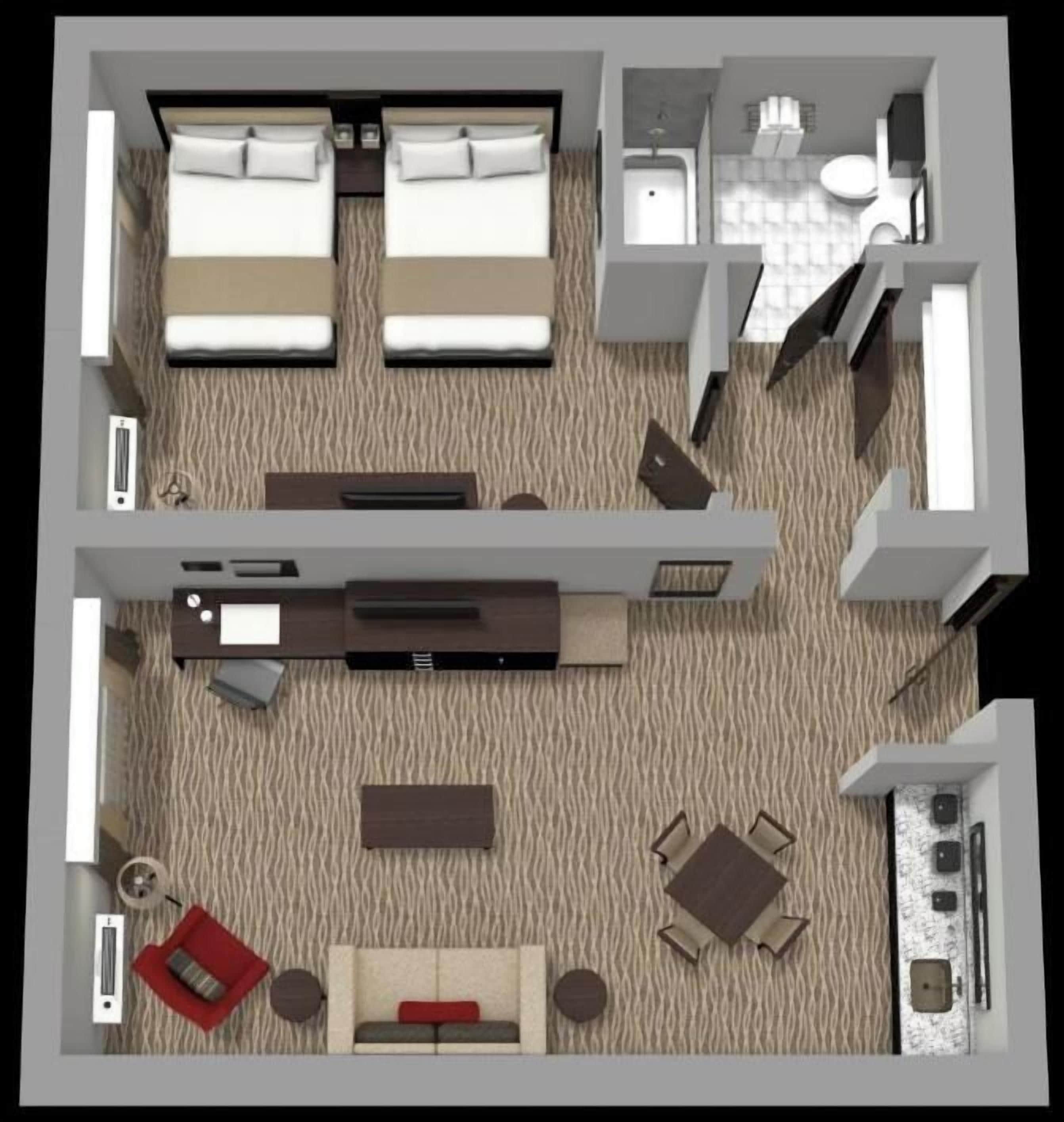 A hotel room layout with two beds, a sitting area with a sofa and a small table, a kitchenette, and a bathroom.