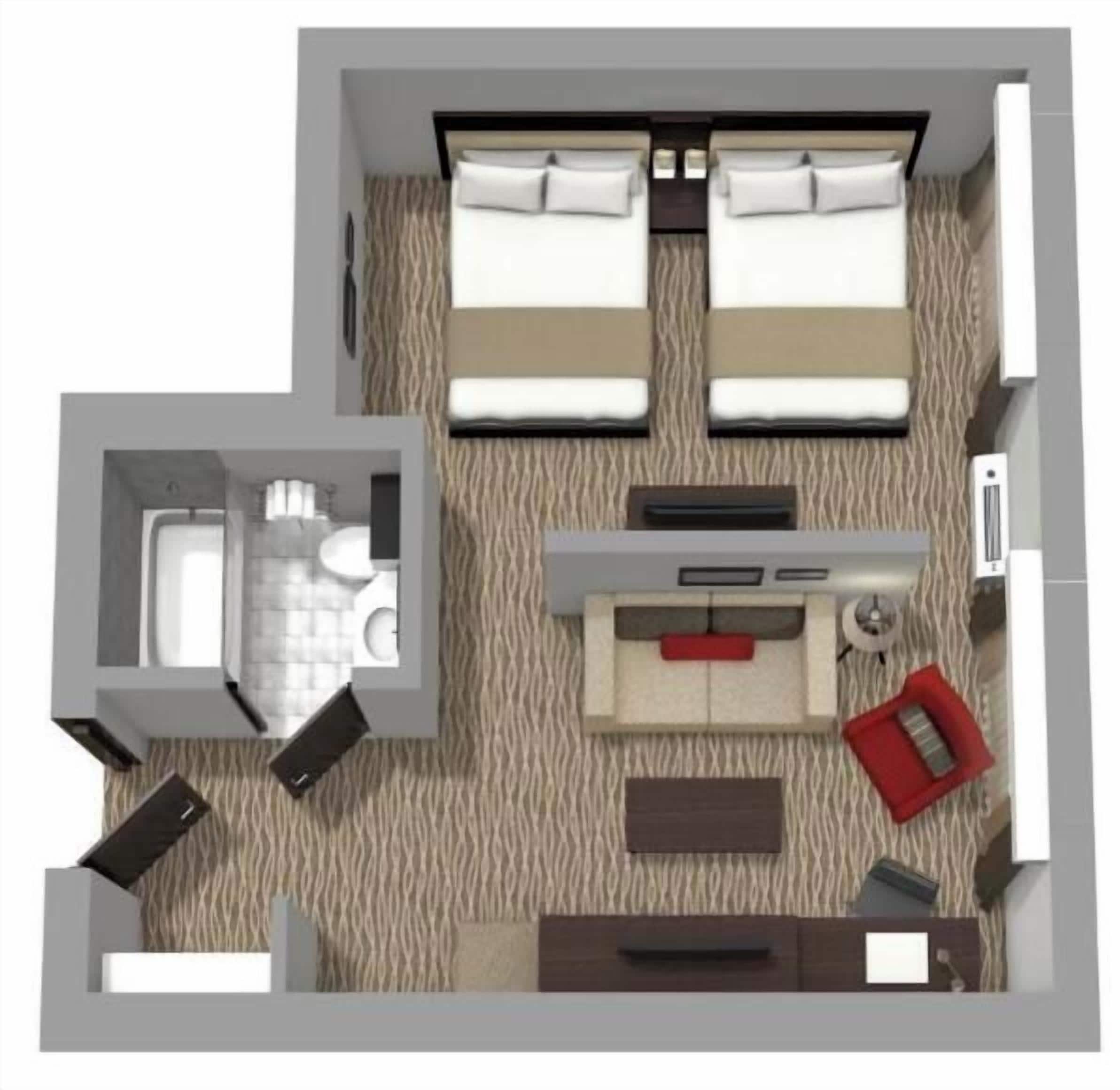 A hotel room layout with two beds, a sitting area, a small kitchenette, and a bathroom.