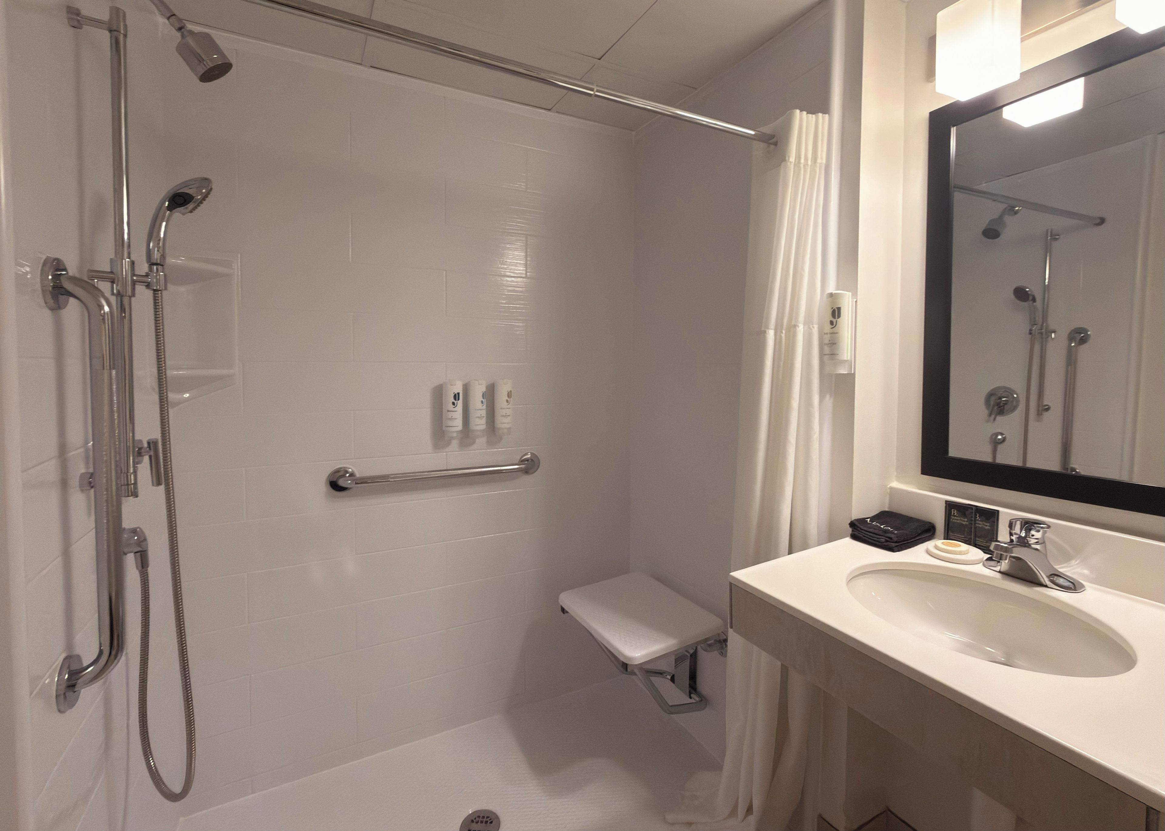 A modern bathroom with a walk-in shower, a toilet, and a sink with a mirror.