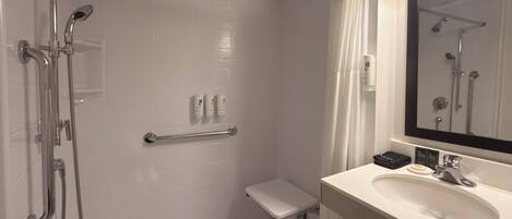 A modern bathroom with a walk-in shower, a toilet, and a sink with a mirror.