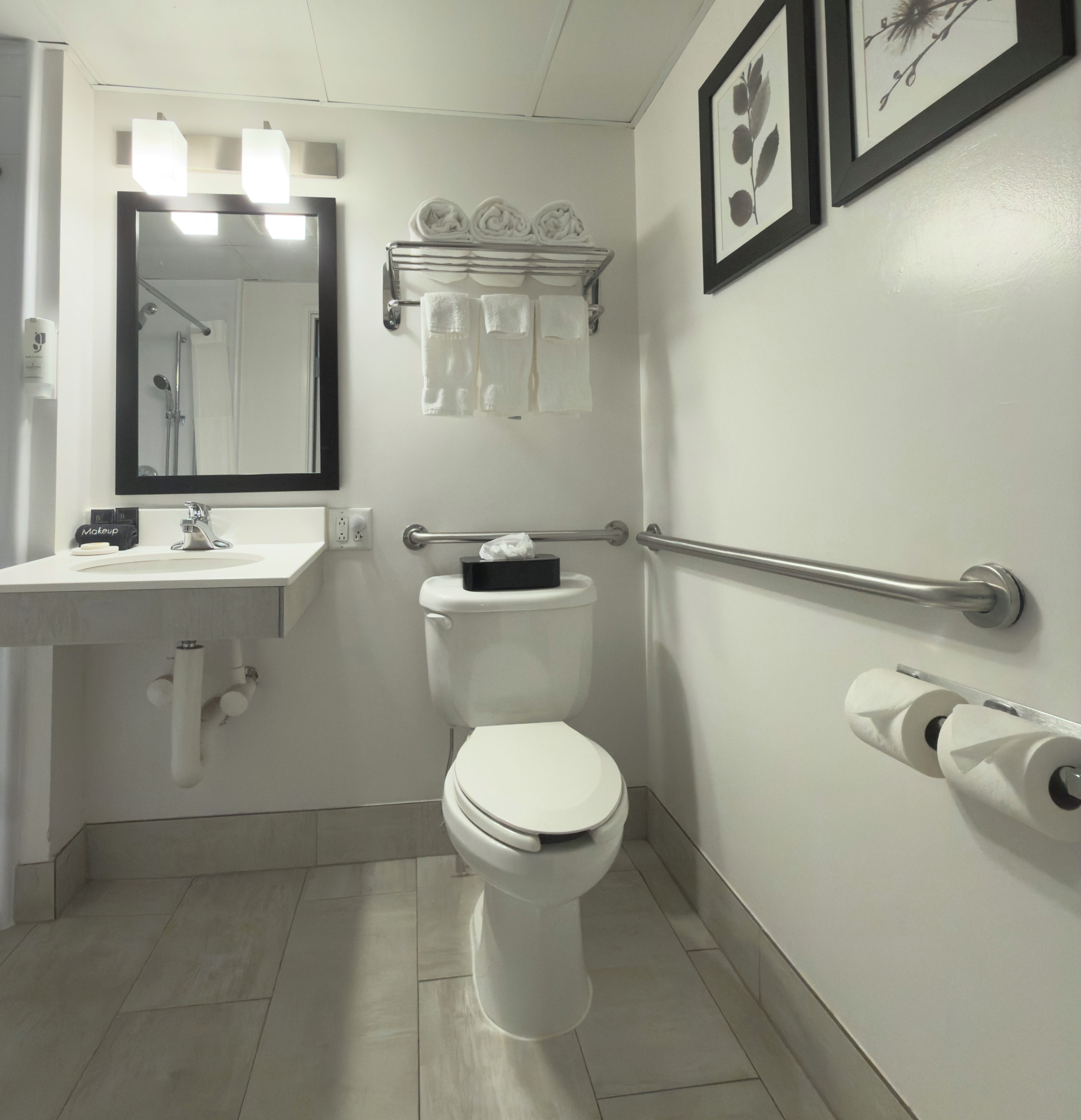 Une salle de bain moderne équipée de toilettes, d’un lavabo et de barres d’appui.