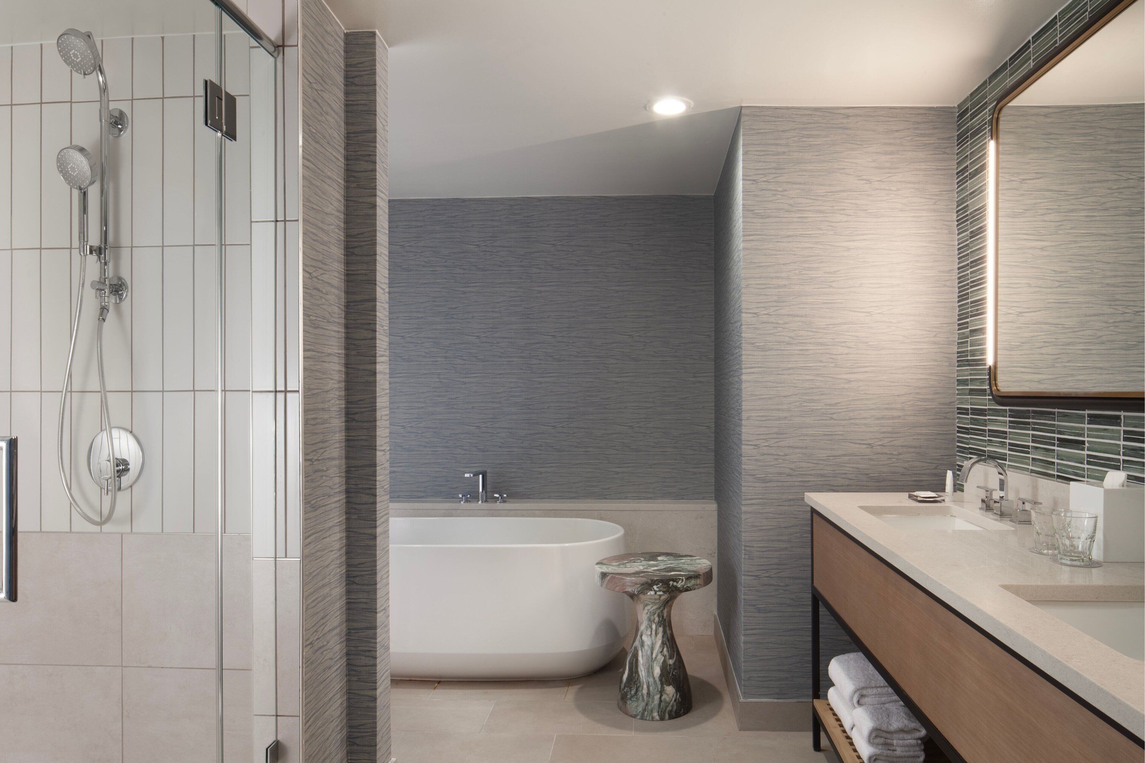 Combined shower/tub, designer toiletries, hair dryer, bathrobes