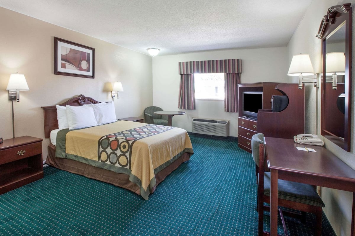 A hotel room with a bed, desk, chair, TV, and a mirror.