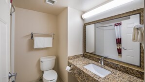 A bathroom with a toilet, sink, and mirror. - Red Roof Inn & Suites Austin East - Manor (Manor)