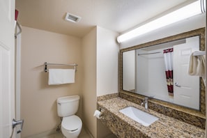 Un baño con inodoro, lavabo y espejo.