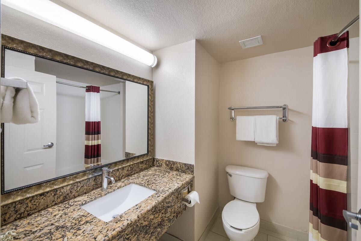 A bathroom with a granite countertop sink, a white toilet, a mirror with a striped towel, and a shower curtain.