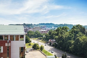A view of a cityscape with a road, buildings, and greenery.