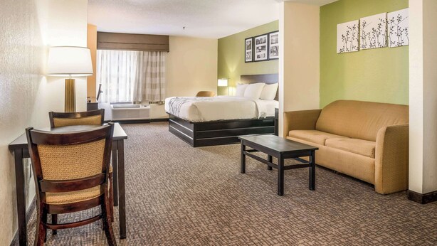 A hotel room with a bed, a sofa, a desk, and a chair. - Sleep Inn & Suites Jacksonville near Camp Lejeune (Jacksonville)