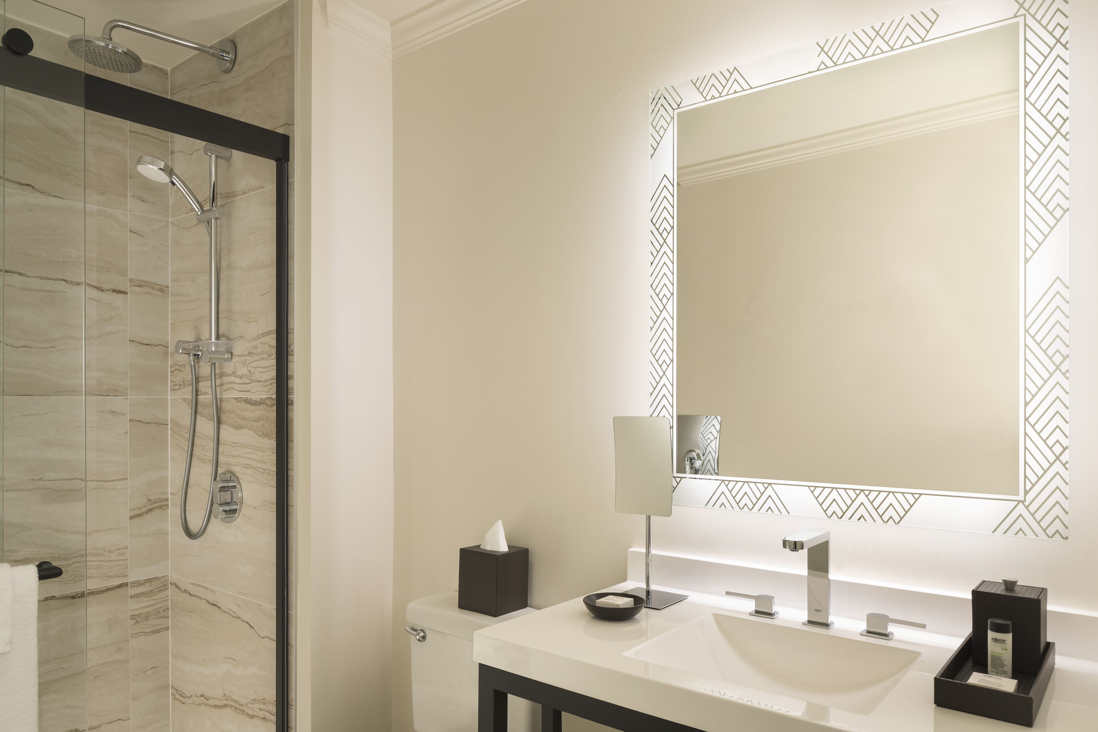 designer toiletries, hair dryer, bathrobes, towels