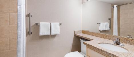 A modern bathroom with a shower, toilet, and sink.