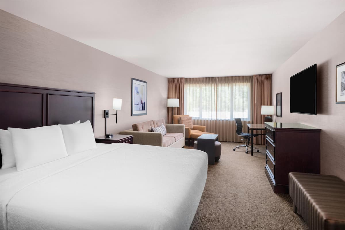 A hotel room with a large bed, a desk, a chair, a sofa, a TV, and a dresser.