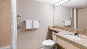 A modern bathroom with a shower, toilet, and sink.