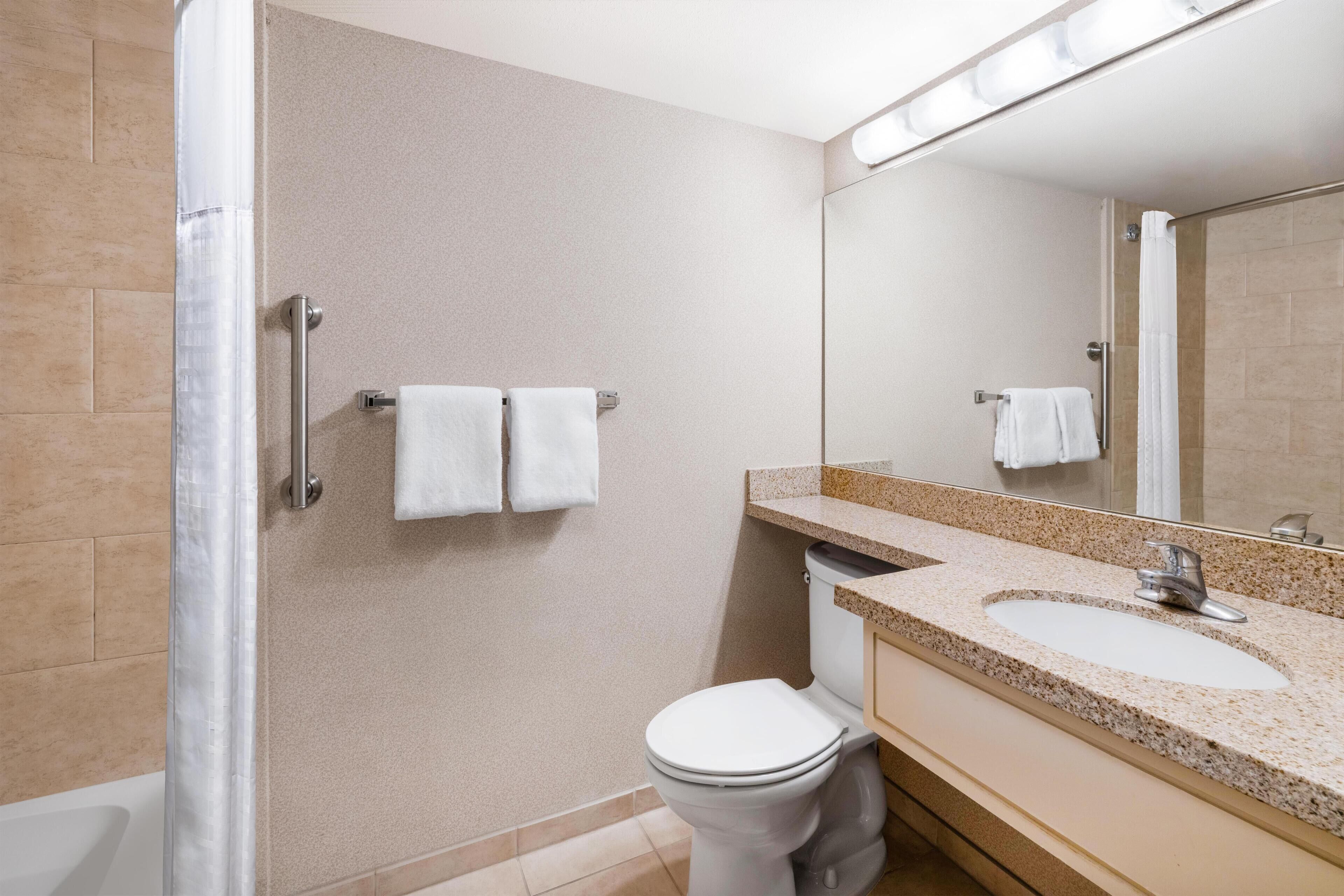 A modern bathroom with a shower, toilet, and sink.
