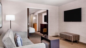 Une chambre d’hôtel moderne équipée d’un canapé, d’une petite table, d’un banc, d’un téléviseur à écran plat et d’un miroir.