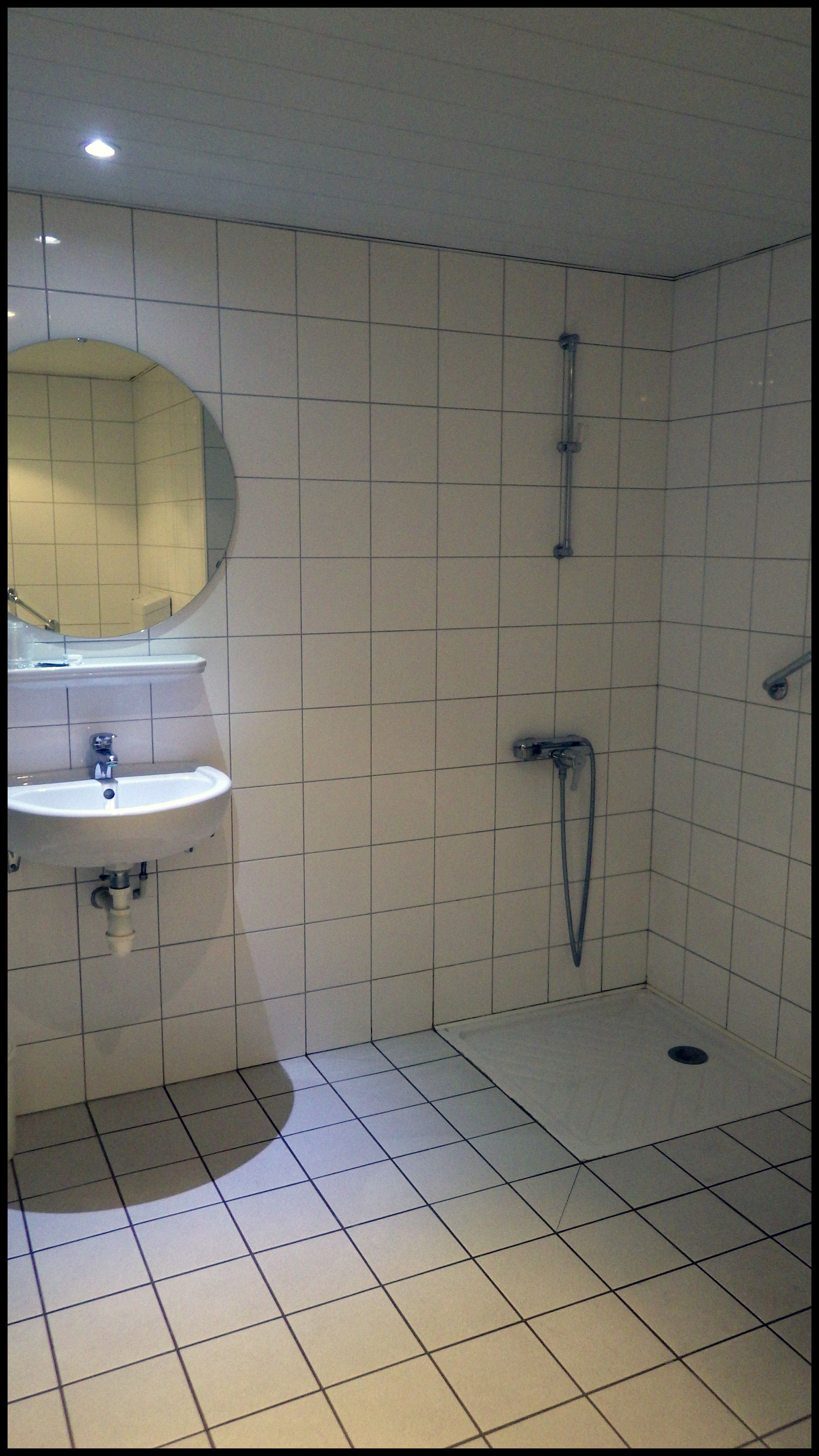 Une salle de bain avec un lavabo, un miroir et une douche.