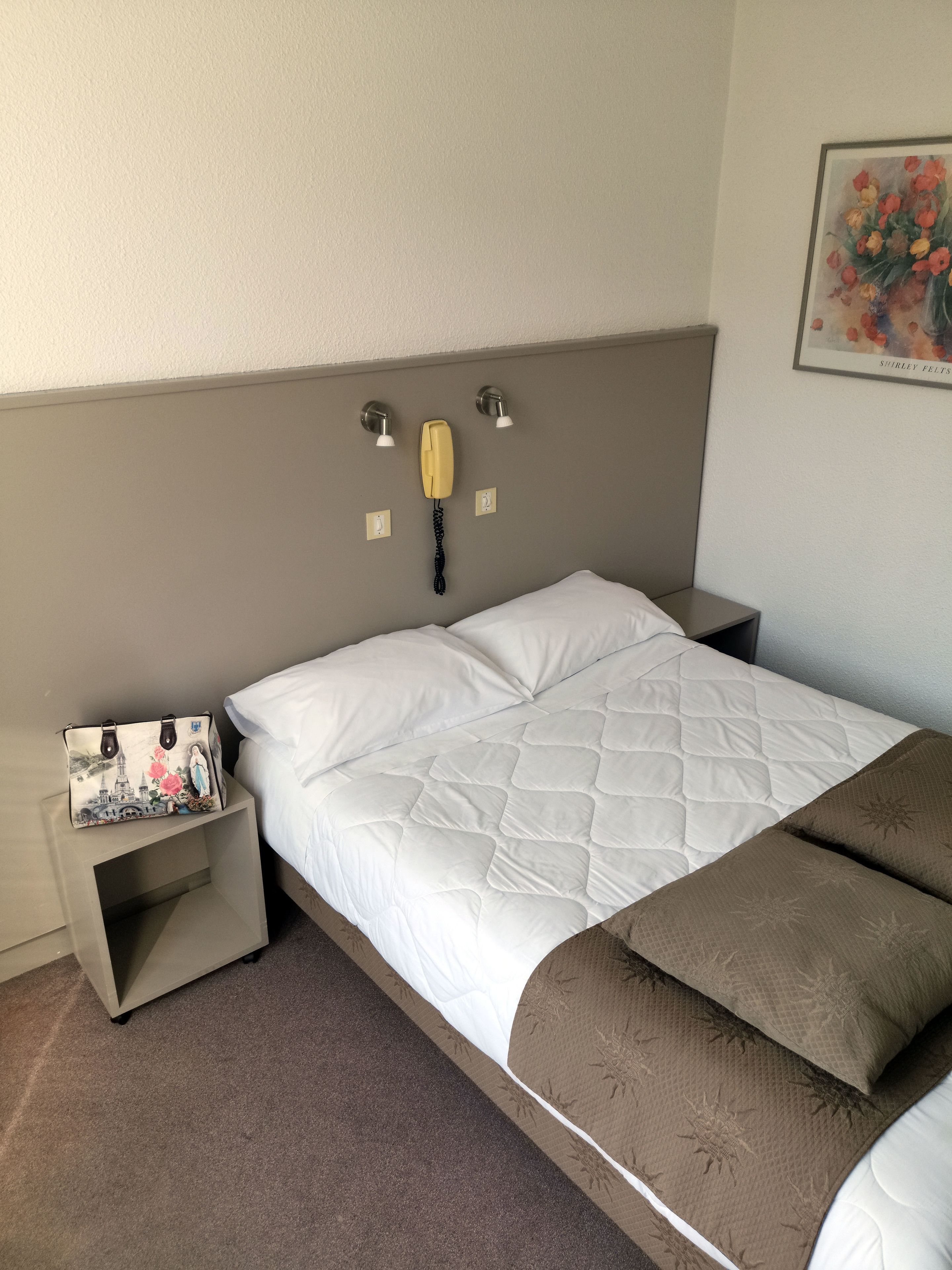 A hotel room with a bed, a nightstand, a telephone, and a framed picture on the wall.