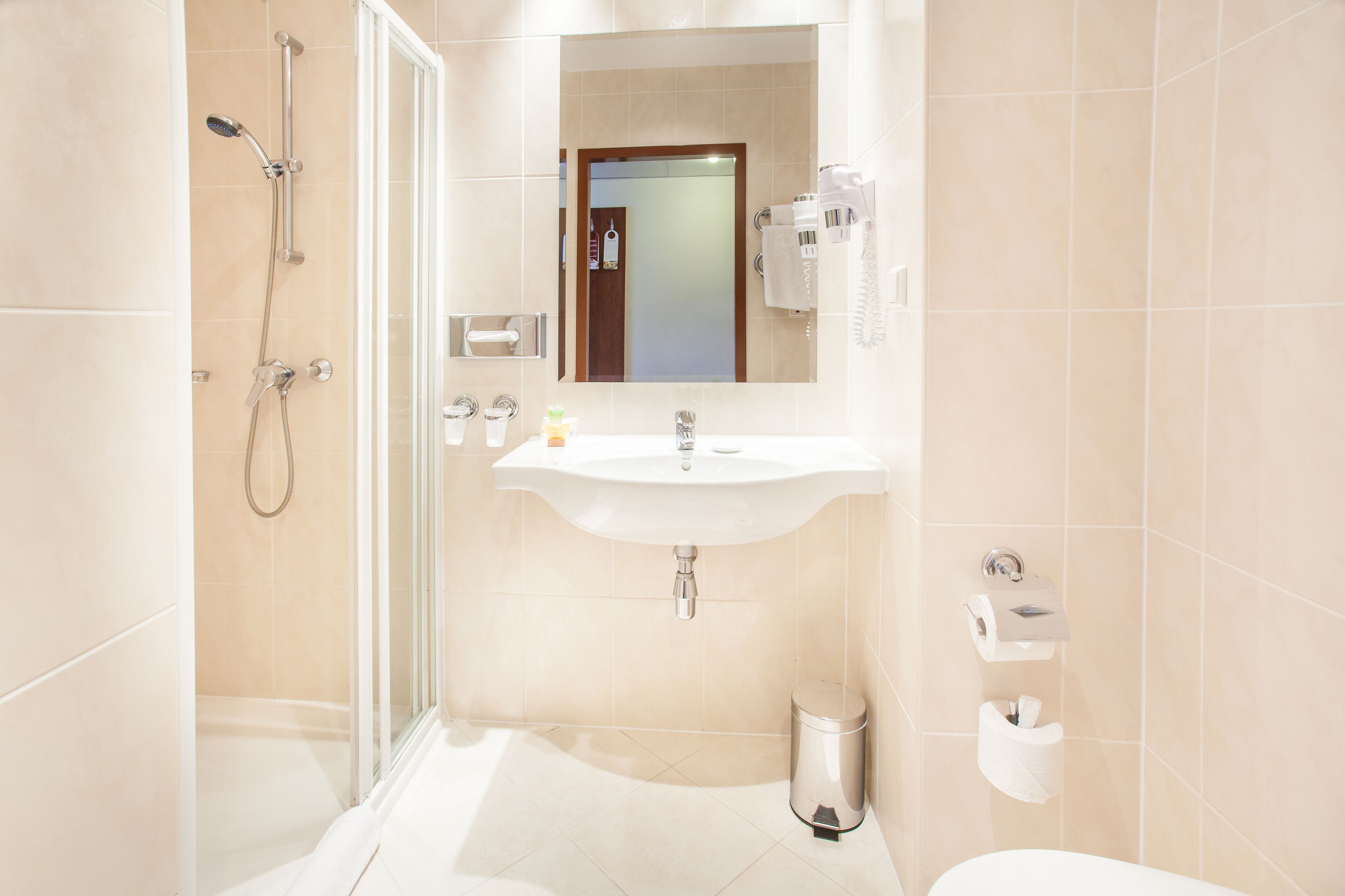 free toiletries, hair dryer, towels