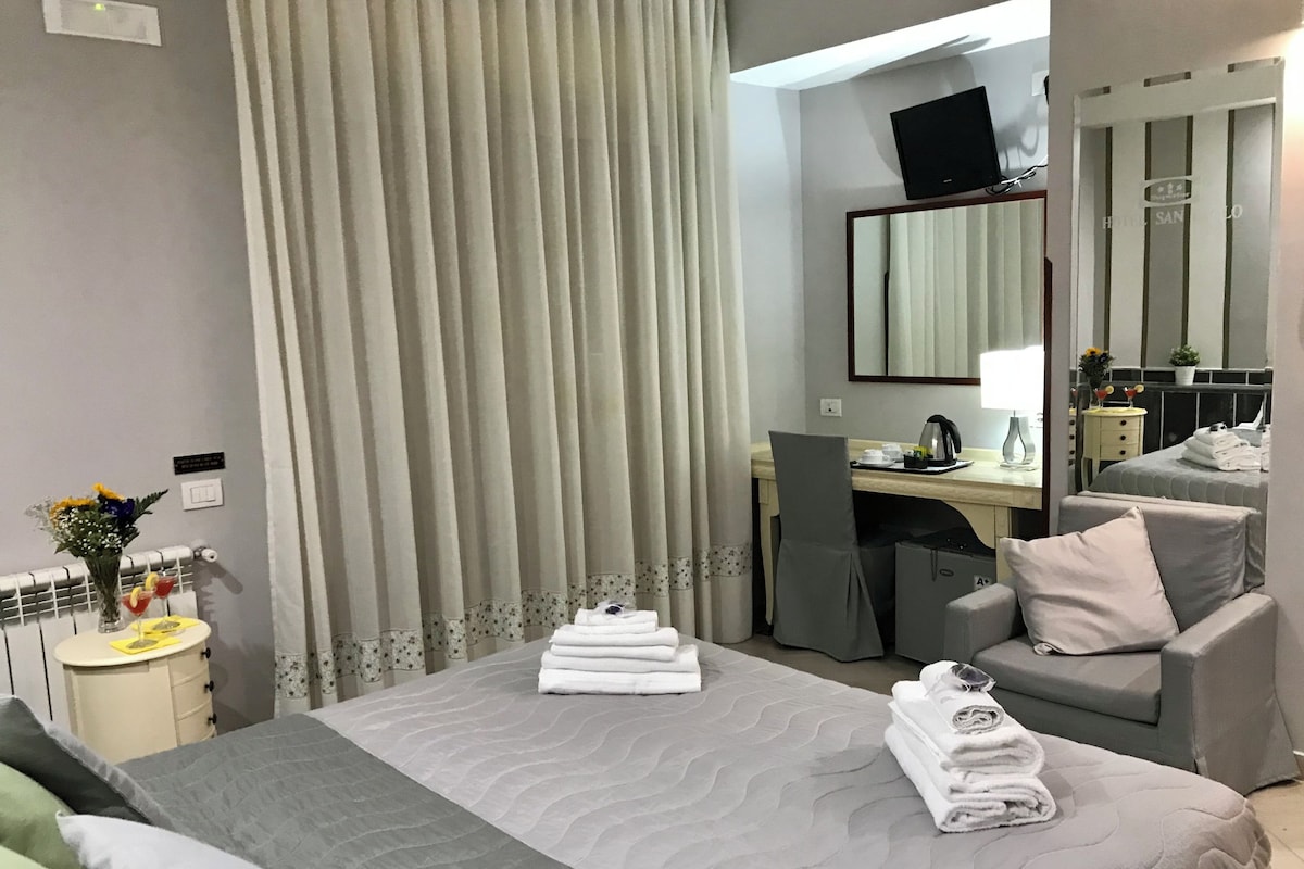 A hotel room with a bed, a desk, a chair, a sofa, and a bathroom area.
