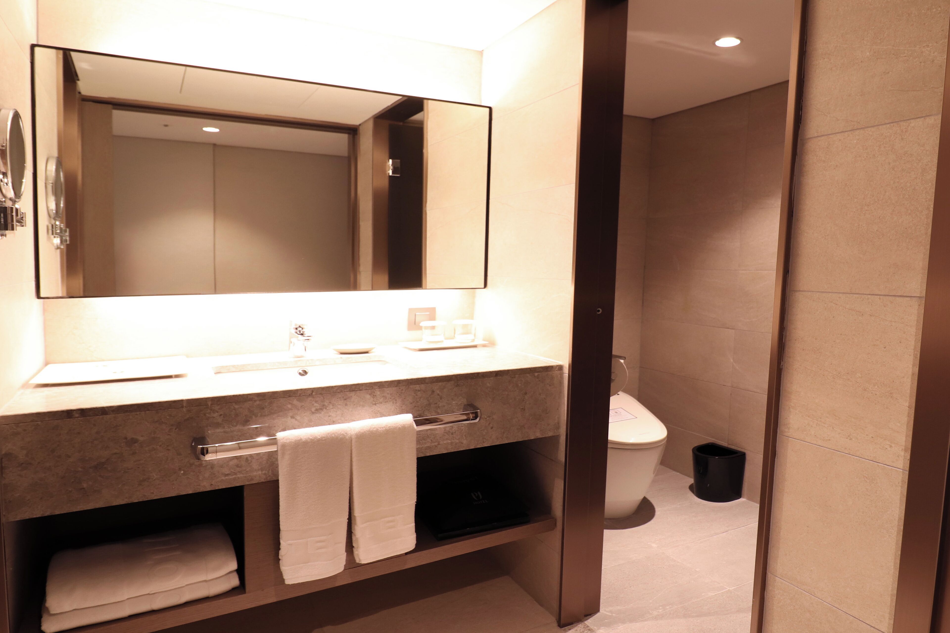 Un baño moderno con un espejo grande, un lavabo, un inodoro y un cubo de basura.