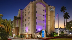 A multi-story hotel with a prominent American flag, a well-lit entrance, and a landscaped front yard with palm trees and flowers. - Candlewood Suites Anaheim - Resort Area by IHG (Anaheim)