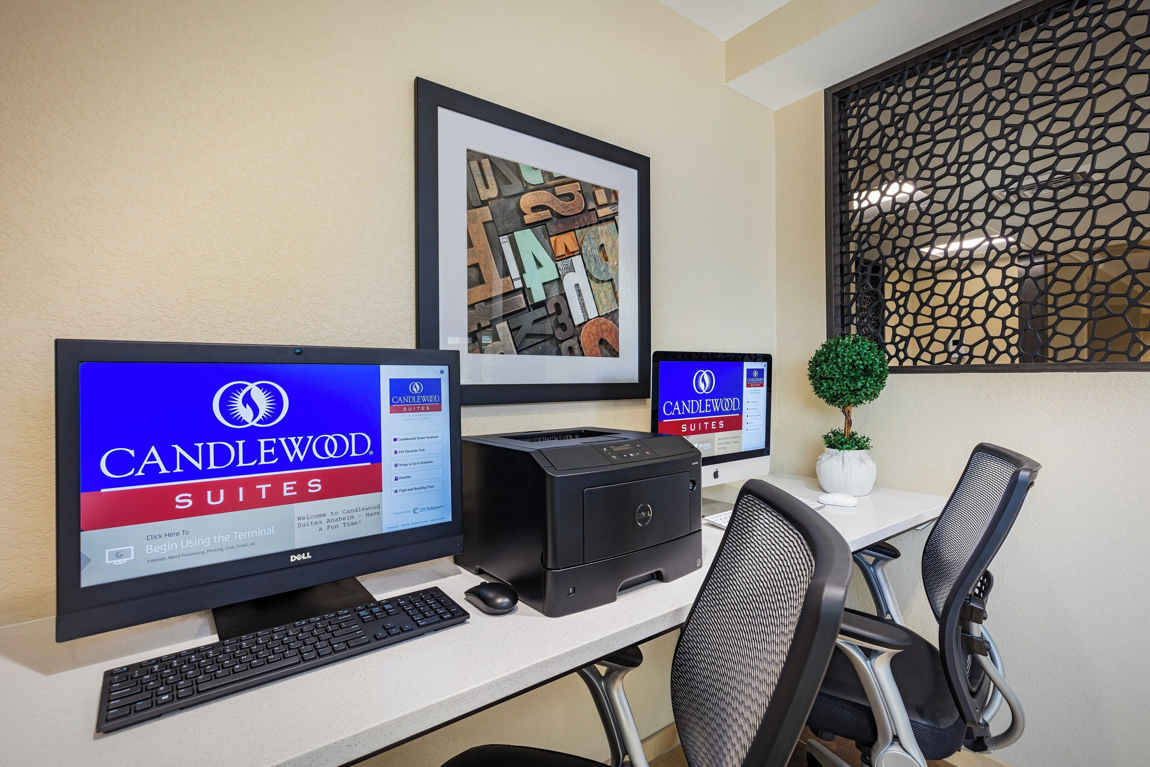 A hotel room with a desk, computer, keyboard, mouse, and two chairs. There is a framed picture on the wall and a potted plant on the desk.