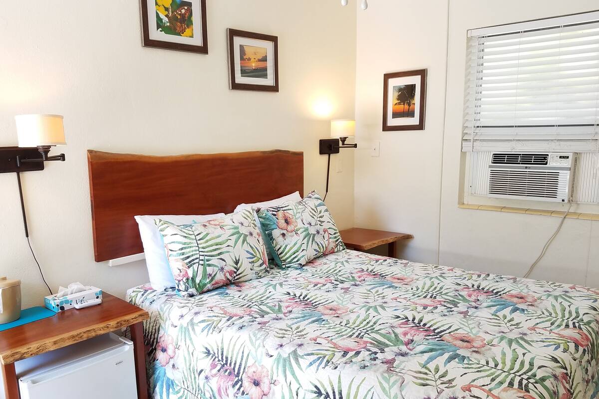 A neatly arranged hotel room with a bed, bedside tables, a small fridge, wall-mounted air conditioning, and framed pictures on the wall.